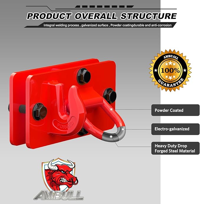 2 Pack Tractor Bucket Hooks with Tie Down Ring, Grade 70 Forged Steel Bolt On Grab Hook Tow Hook Mount with Backer Plate, Work Well for Tractor Bucket, RV, UTV, Truck, Max 15,000 lbs Red