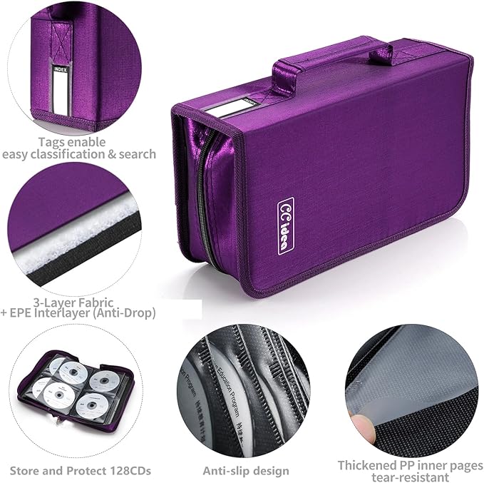 CCidea CD Case DVD Storage Holder, 128 Capacity DVD Cases Organizer CD Plastic Protective Carrying Binder,Portable Cd Wallet for Home Travel (Purple)