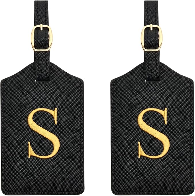 2 Pcs Initial Monogrammed PU Leather Embroidered Luggage Tags for Suitcases & Bags (S)