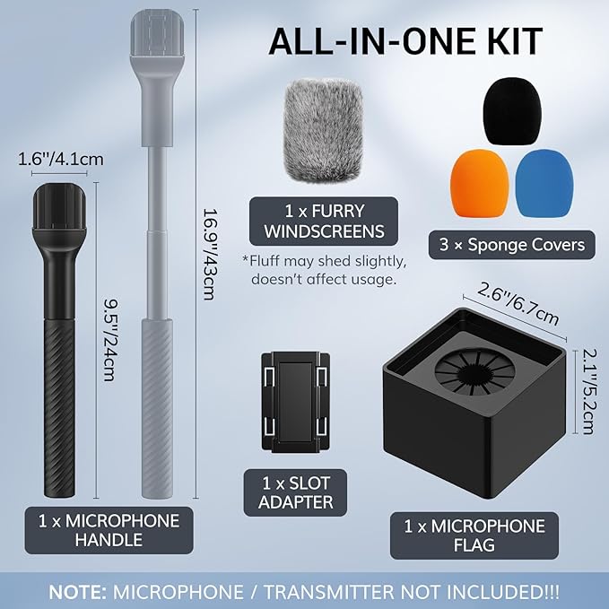 TONOR Wireless Mic Handle Compatible with DJI, RODE, Hollyland, Adjustable length Microphone Stand for ALL Lavalier Mic, Channel Flag Box, Rubber Grip, Wind Muff for Vlog, Reports, Interview, TP40