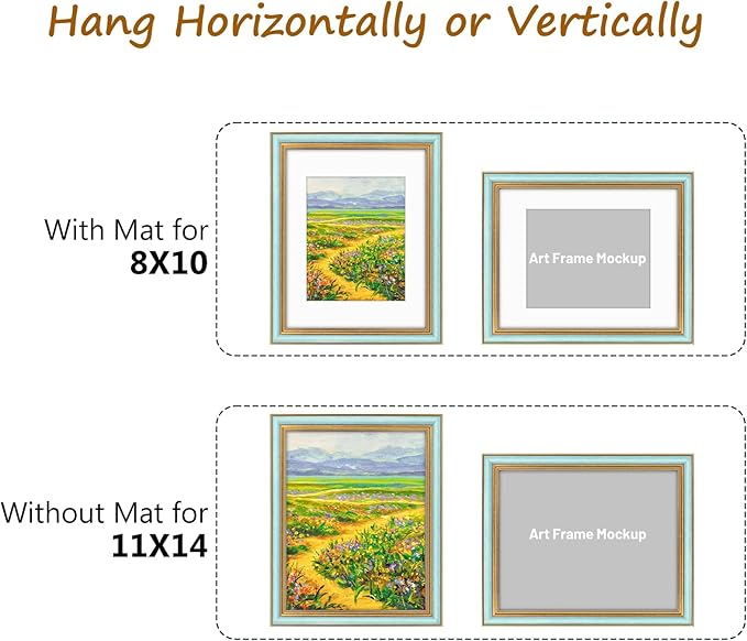 Golden State Art,11x14 Ornate Picture Frame for 8x10 Photo with Mat or 11 x 14 Prints Without Mat, Real Glass Wall Display Horizontally or Vertically (Color:Blue Gold)