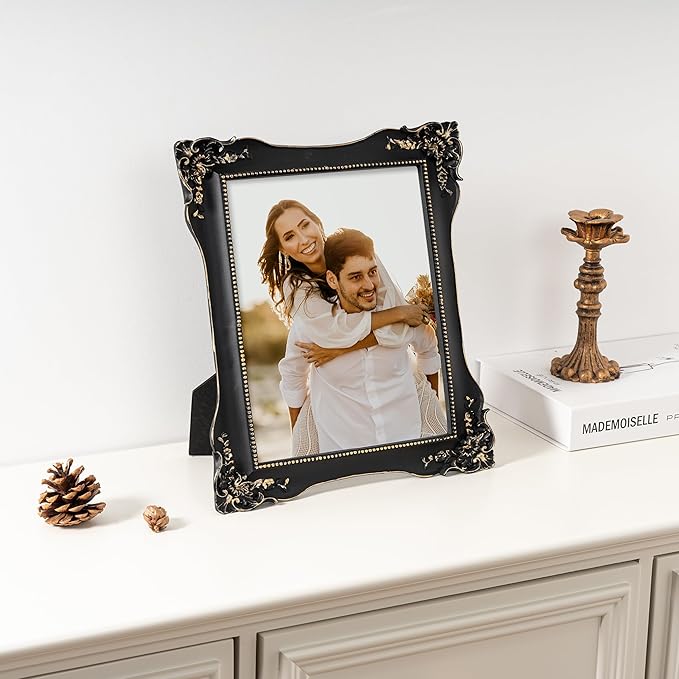 Axeman Vintage 8x10 Picture Frame | 8 x 10 Antique Picture Frame with Real Glass | Ornate Frame 8 x 10 for Wall & Tabletop Display | Retro Black Gold 8x10 Frame - Black