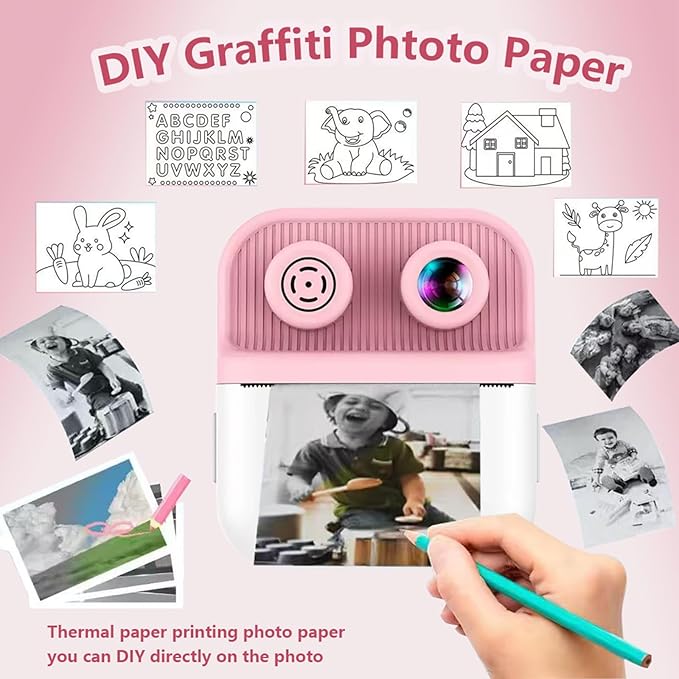 Dual-Lens Instant Print Camera for Kids, 48MP Thermal Instant Printing Camera with 2.4 Inch IPS Screen for Toddler, Boys Girls Christmas Birthday Gifts Photo Printer with 64GB SD Card (Pink)