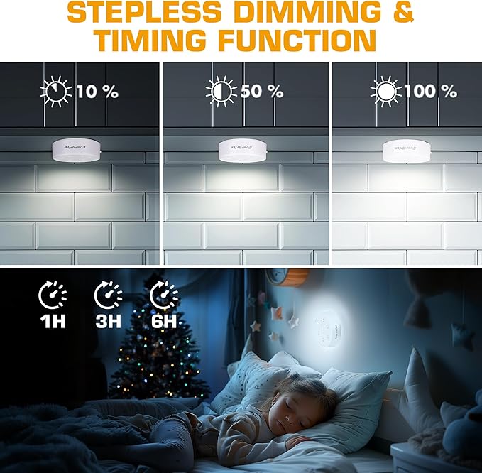 EverBrite Puck Lights With Remote, Rechargeable 2000mAh Linked Sensor Under Cabinet, Two Group Control, 10 RGB Colors, Dimmable for Kitchen, Bedroom Closet (6-Pack)