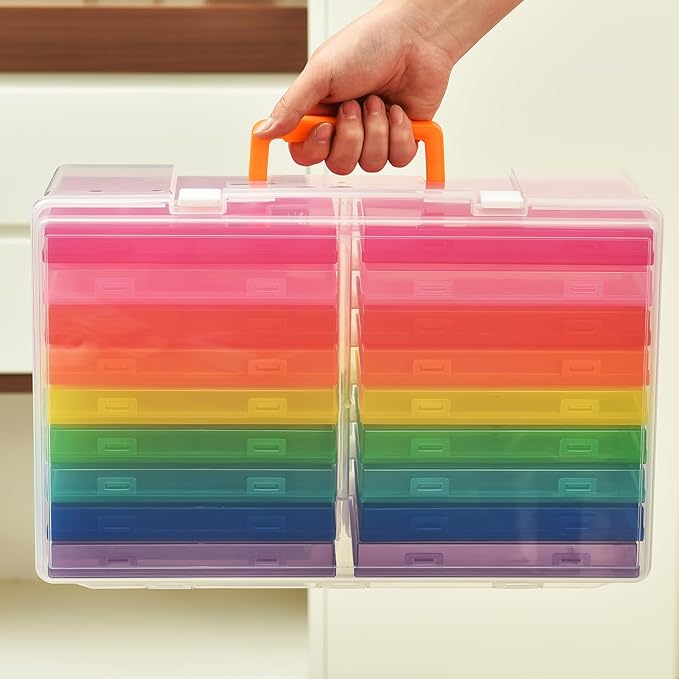 ALINK Photo Storage Box 5" x 7" with Handle, 18 pcs Inner Photo Containers Organizer and Craft Keeper, Portable Picture Case with Label for Seed, Arts, Crafts, Sewing, Stickers, Office - Colorful