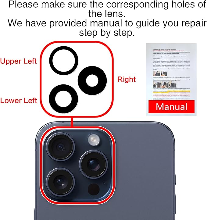 2 PCS for ASDAWN Back Rear Camera Lens Glass Replacement for iPhone 15 Pro 6.1 Inches with Pre-Installed Adhesive, ASDAWN Back Camera Lens Glass kit with Installation Manual + Repair Tool Set