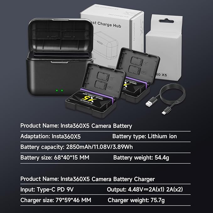 360X5 Camera Battery Charger Set, 2-Pack 2850mAh Replacement Battery and 2-Channel Fast Charging Charger Hub Compatible with Insta360X5 Camera (2 Batteries+1 Charger)