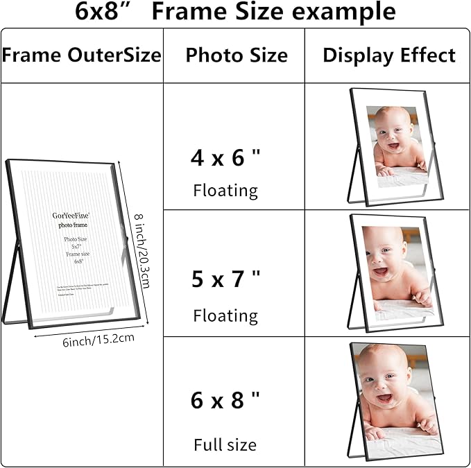 Black 6x8'' Floating Picture Frame Set of 2,For Photo Sizes (3.5x5''4x6''5x7''),Simple Metal beaded Floating Picture Frames for Tabletop/Shelf,Classy Gift Choice for Wedding,Thanksgiving