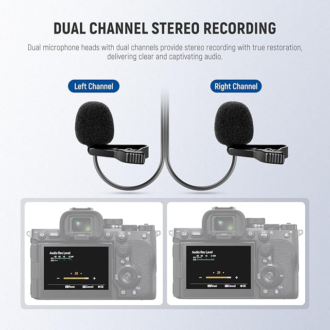 NEEWER 2m Wired Dual Lavalier Microphones with 4m Extension Cable, Mini Clip On Omnidirectional Condenser Lapel Lav Mic 3.5mm TRS for DSLR Mirrorless Camera Camcorder Interview Vlog, LM3