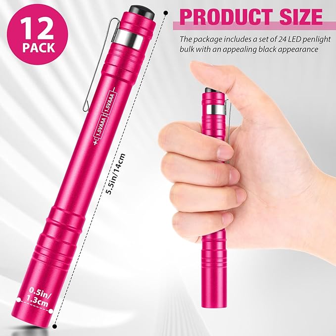 12 Pack LED Penlight Bulk, Pocket Flashlight with Clip, Aluminum Pen Flashlights Mini Pen Light for Nurses Hospital Outdoor Camping Emergency Hiking(Rose Red)