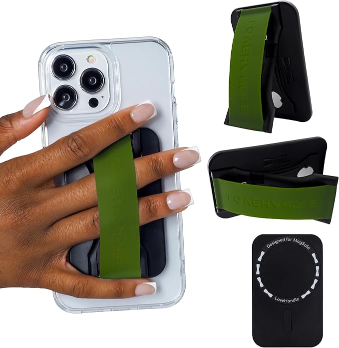 LoveHandle PRO MagSafe Compatible Magnetic Phone Grip w/Kickstand - Mount, Strap and Stand for Smartphone and Tablet - MagSafe Ring Included - Fits All Devices - Army Green