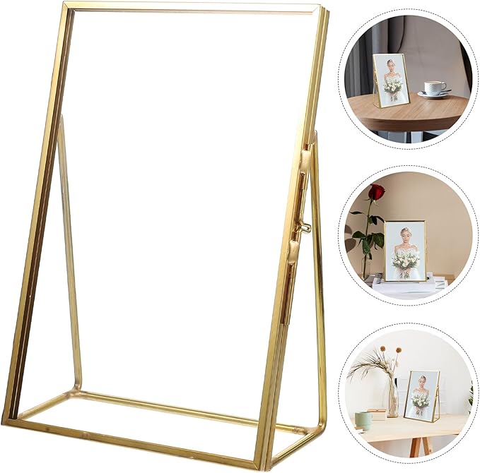 Brass Glass Picture Frame 6-inch Vintage Photo Display Stand Tabletop Holder for Pressed Flowers and Artwork Home Décor