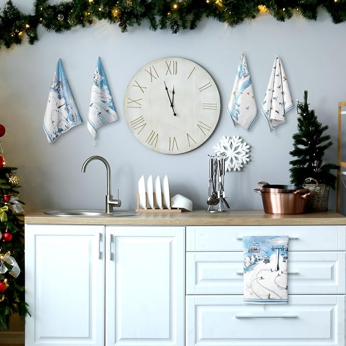 Preboun 6 Pcs Winter Ski Kitchen Towels Winter Decorative Christmas Hand Towels White Cold Color Ski Themed Dish Cloth Farmhouse Tea Cloth Kitchen Accessories Bathroom Decor Souvenir Gifts
