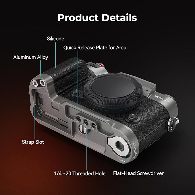 SMALLRIG X-T50 Handgrip, Silicone L-Shape Handle for FUJIFILM X-T50 Camera, Built-in Quick Release Plate for Arca, with Shutter Button and Hot Shoe Cover, Charcoal Silver - 4712