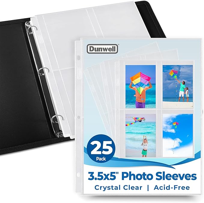 Dunwell Photo Sleeves for 3-Ring Binder, (3.5x5, 25 Pack) for 200 Pictures, Each Photo Page Holds 8 Pictures or 4 Seed Packets, Acid-Free Poly Plastic 3.5 x 5 Album Refill Pages
