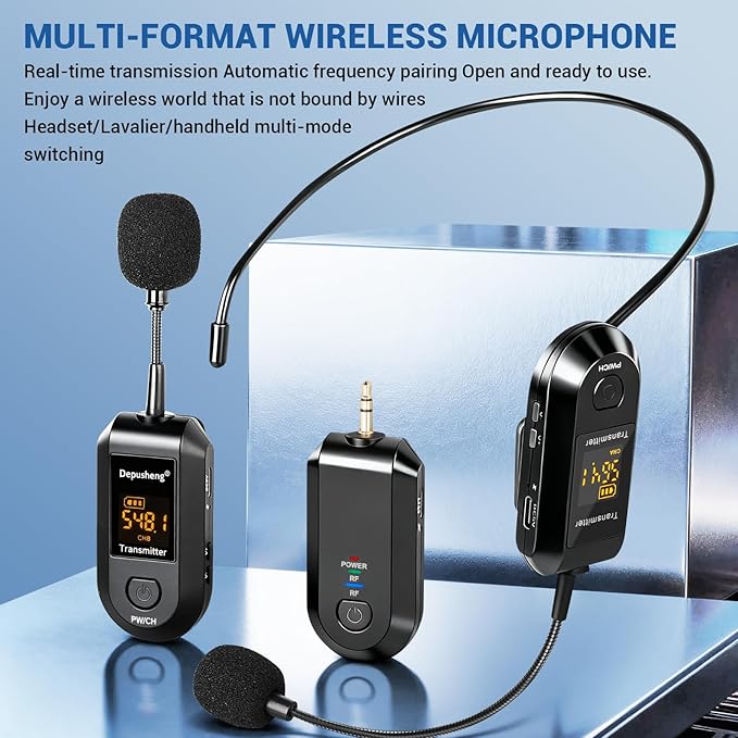 Depusheng 2.4G Wireless Microphone Headset,Lavalier and Handheld Mic 160ft Range,with 1/8''&1/4'' Plug for PA System,Voice Amplifier (1 Headset Microphone)