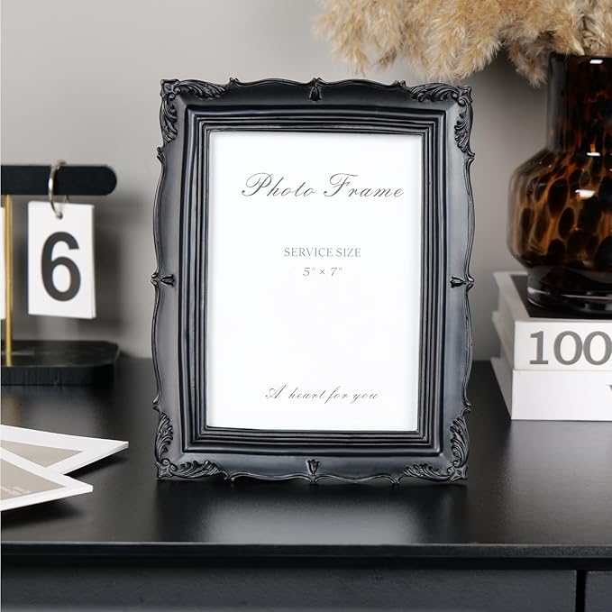 Cuspin Black Vintage Picture Frame 5x7, Gothic Frams Handmade Resin Photo Frame with Carved Texture & Glass Front for Tabletop Display or Wall Hanging, Black Home Decor