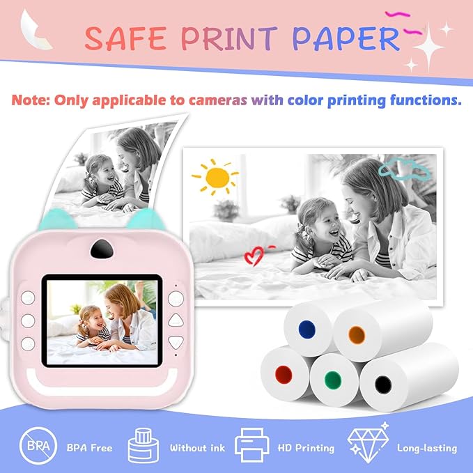 MIARALA 10 Rolls 5 Vibrant Single-Color Kids Camera Paper Roll Refill, HD Paper for Most Kids Instant Cameras, BPA-Free