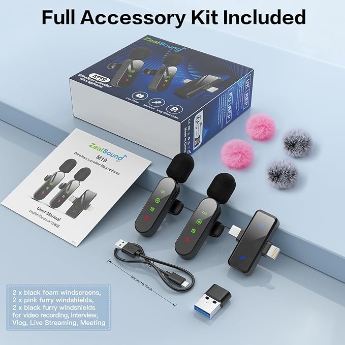 ZealSound Mini Microphone for iPhone with LED Display,Wireless Lavalier Mic with USB-C/Lightning/USB - Noise Reduction & Echo Effect,6 Windscreen Furry Muff Mics for TikTok,Podcast,ASMR,YouTube Videos