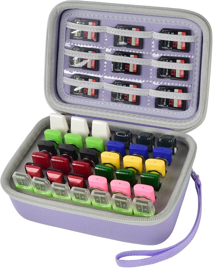 USB Flash Drive Case, SD Card & Memory Stick & Thumb Drives Pouch for SanDisk, for Samsung, Hard Shell Protective Storage Organizer - for IT Admins, Photographers & Film Crews - Box Only- (Purple)