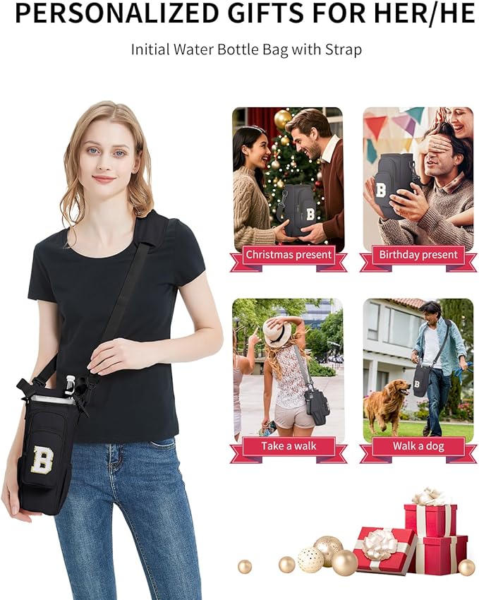 sportsnew Birthday Gifts for Women Personalized Initial Water Bottle Holder with Strap fits most 40oz Tumbler with Handle Water Bottle Carrier Bag with Phone Pocket & Straw Topper Tumbler Accessories