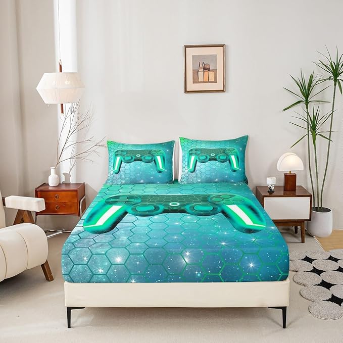 Gaming Sheet Sets for Boys King Size Gamer Bedding Green Gradient Honeycomb Hexagon Print Flat Sheet Video Games Fitted Sheet 3 Pcs Modern Soft Microfiber All Season Machine Washable Bed Sheet