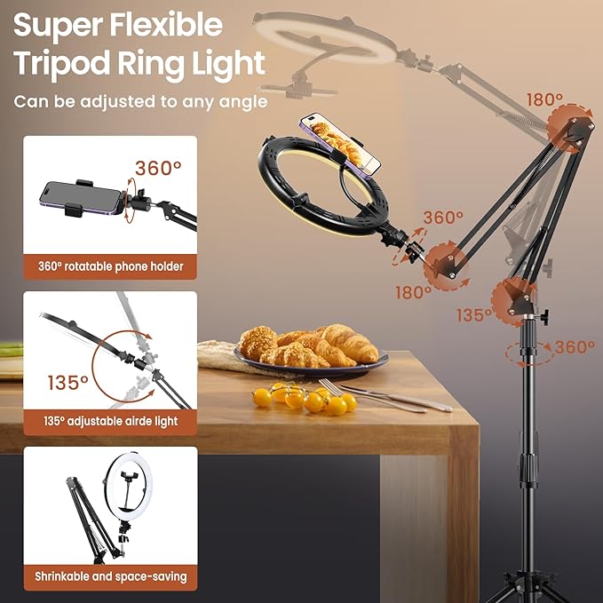 Overhead Phone Tripod for Cooking Videos with Casters, Ring Light with Stand Overhead Phone Mount Holder, Selfie Light Stand for Video Recording, Vlog, TikTok