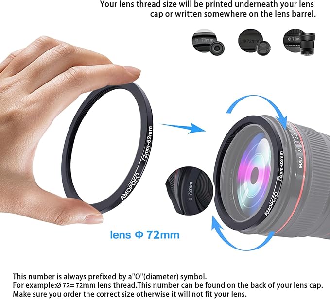 72mm to 62mm Camera Filter Ring /72mm to 62mm Step-Down Ring Filter Adapter for 62mm UV,ND,CPL,Metal Step-Down Ring
