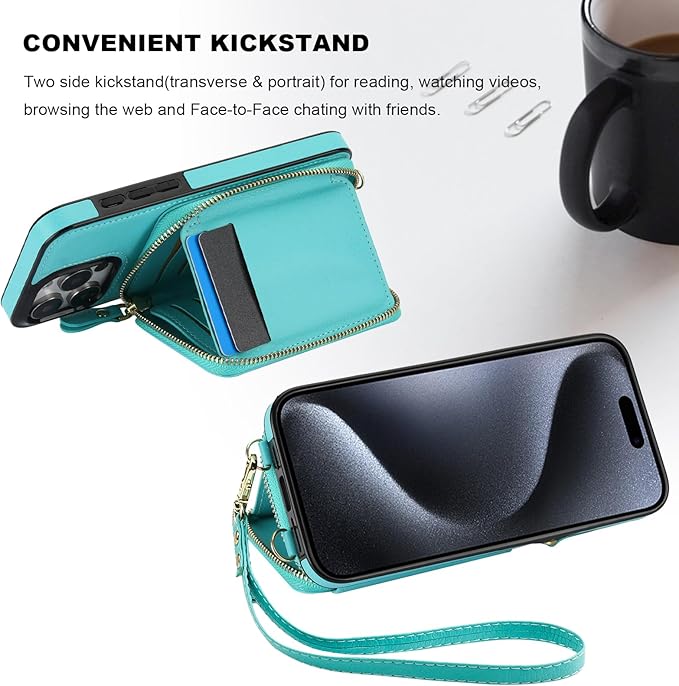 Bocasal RFID Blocking Wallet Case for iPhone 15 Pro Max, Adjustable Crossbody Zipper Purse Card Holder with Kickstand and Detachable Wrist Strap, PU Leather Flip Folio Case 6.7 Inch 5G (Mint Green)