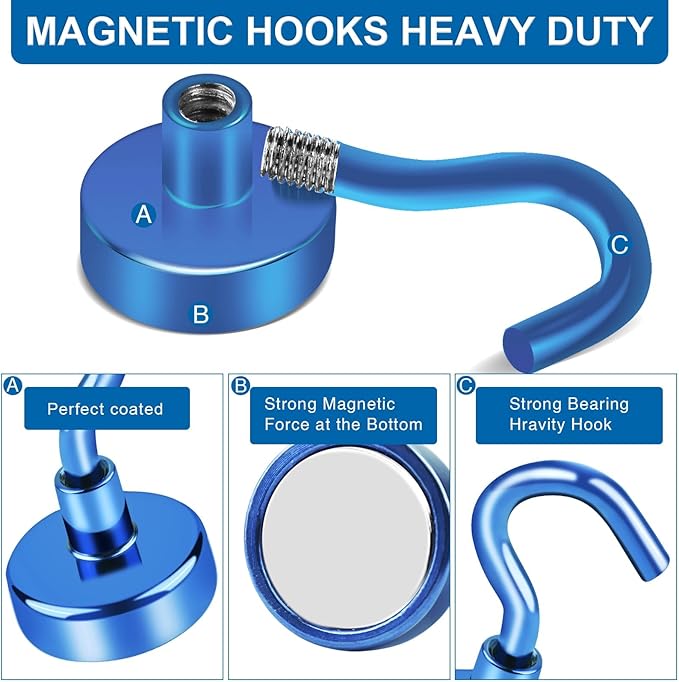LOVIMAG Magnetic Hooks for Cruise Cabins, 50lbs Blue Magnetic Hooks for Classroom, Strong Magnets with Hooks for Hanging, Neodymium Magnet Hooks for Fridge, Ceiling, Locker, Camper, Travel-25 Pcs