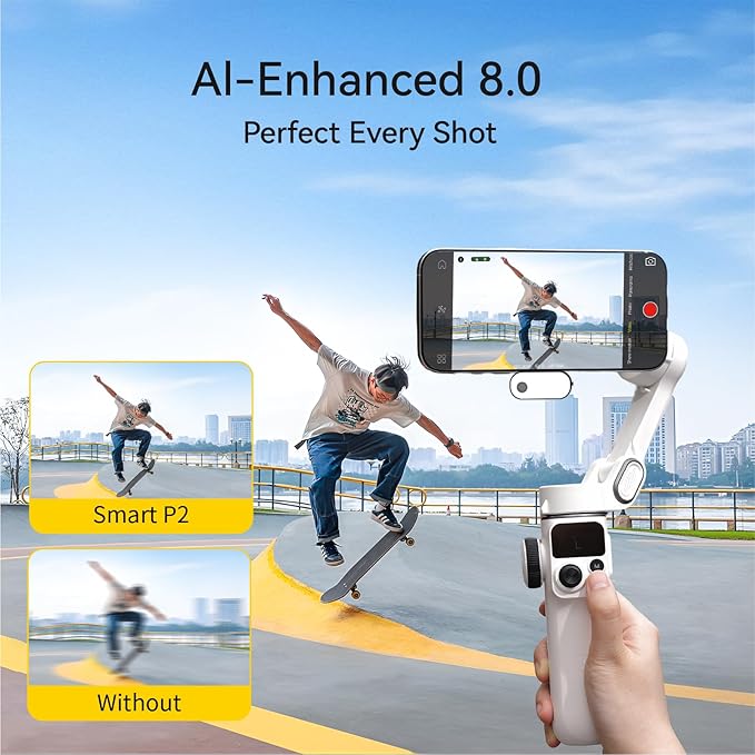 AOCHUAN 3-Axis Phone Gimbal for iPhone, Gimbal Stabilizer with AI Auto 360°Pan Tracking, Built-in Extension Rod, Fill Light, Quick Launch, Magnetic Phone Stabilizer for Video Recording-Smart P2