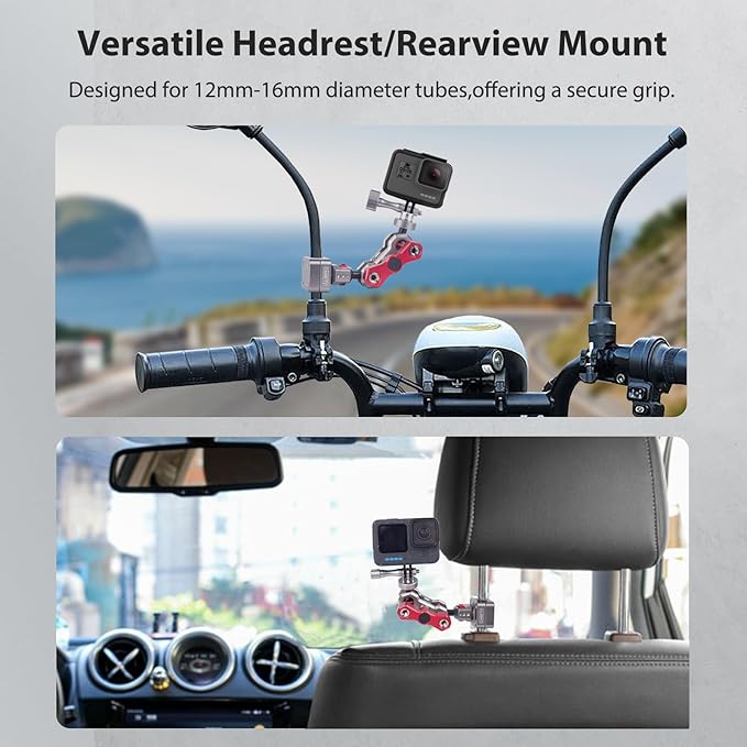 cametv 360° Adjustable Motorcycle Mirror & Car Headrest Mount – CNC Aluminum Universal Clamp (12-16mm) for Action Cameras, Smartphones & Vlogging Rigs 61030