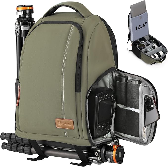 TARION Large Camera Backpacks for Photographers - Waterproof Camera Bag Photography backpack with 15.6" Laptop Compartment Rain Cover Side Access Tripod Holder(TB04 Green)