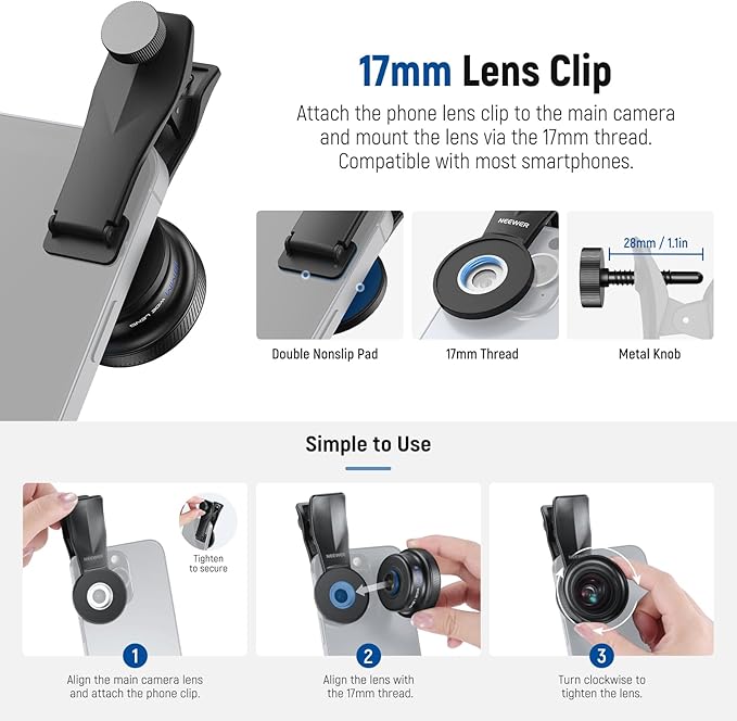 NEEWER 18mm Wide Angle Lens with 17mm Threaded Phone Camera Lens Clip, 100° FOV, 0.75X Magnification, 6 Elements in 5 Groups, Compatible with iPhone Android Samsung for Mobile Photography, LS-72