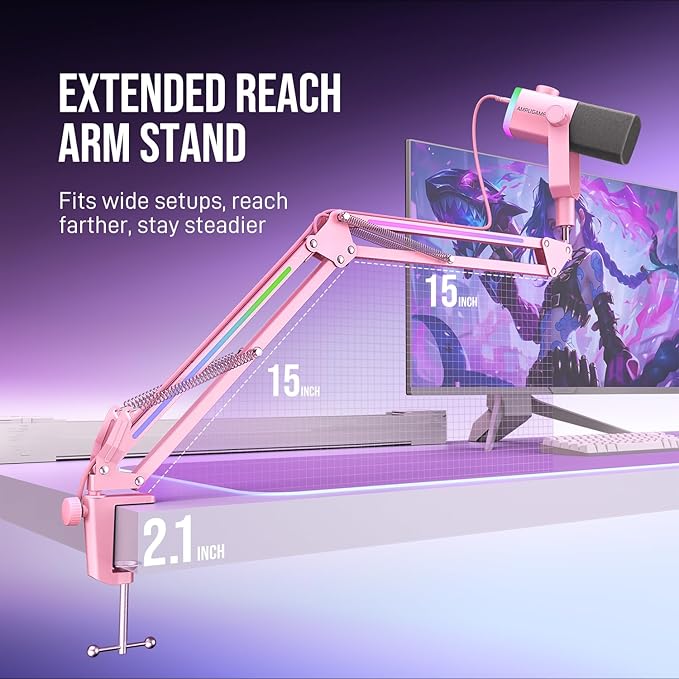 FIFINE XLR/USB Gaming Microphone Kit with Boom Arm Stand, RGB Streaming Mic for Computer Compatible with PC/PS4/PS5, Podcast Mic Set with Headphone Jack, Volume Knob, Mute-AmpliGame AM8PROT Pink