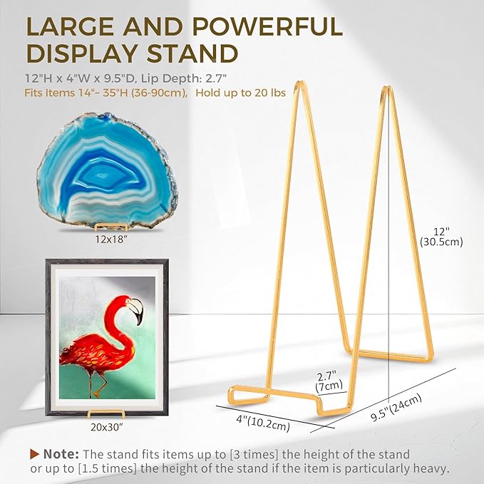 Large Plate Holder Display Stand - 12 inch Super Tall Big Plate Stands for Heavy Duty Display - Metal Picture Frame Stand - Tabletop Easel Stand for Decorative Platter | Plaque | Book - 3 Pack - Gold
