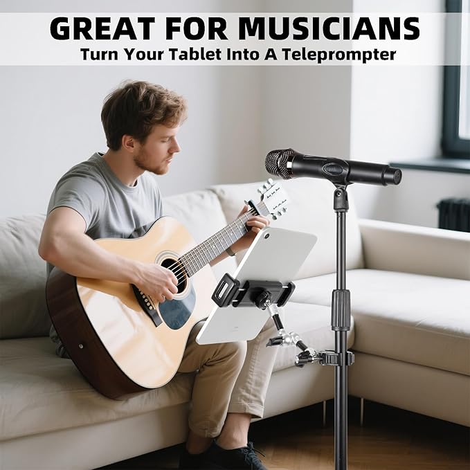 Tablet Holder for Microphone Stand, Aluminum Mic Music Stand Mount for iPad and iPhone, Adjustable Tablet Holder with Super Handle Clamp Compatible with 4.7 to 13 inch Tablets & Phones