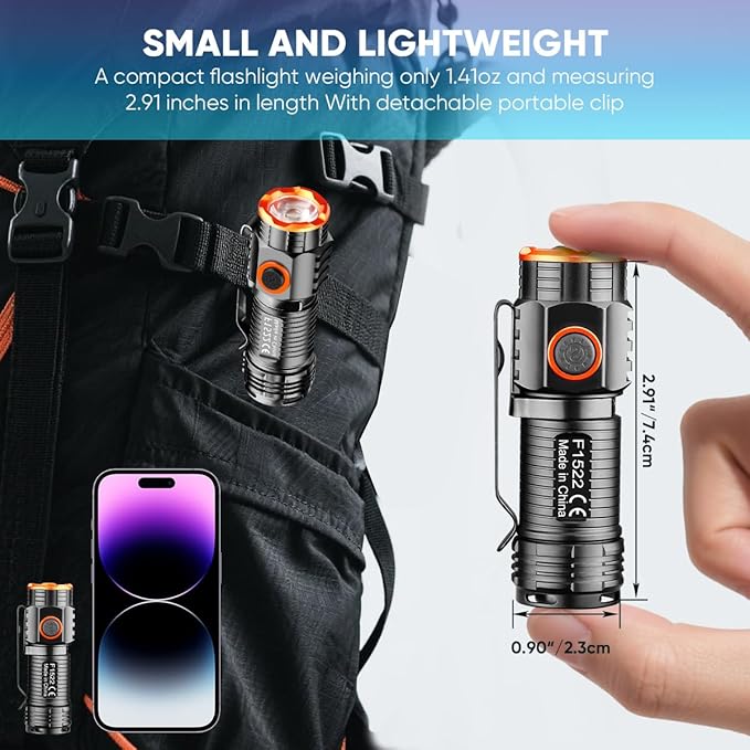 EDC Flashlight, Led Rechargeable Mini Pocket Light with Clip, High Lumens Ultra Bright Compact Flashlights with Magnetic for Camping Hiking Outdoor Emergency Use Waterproof