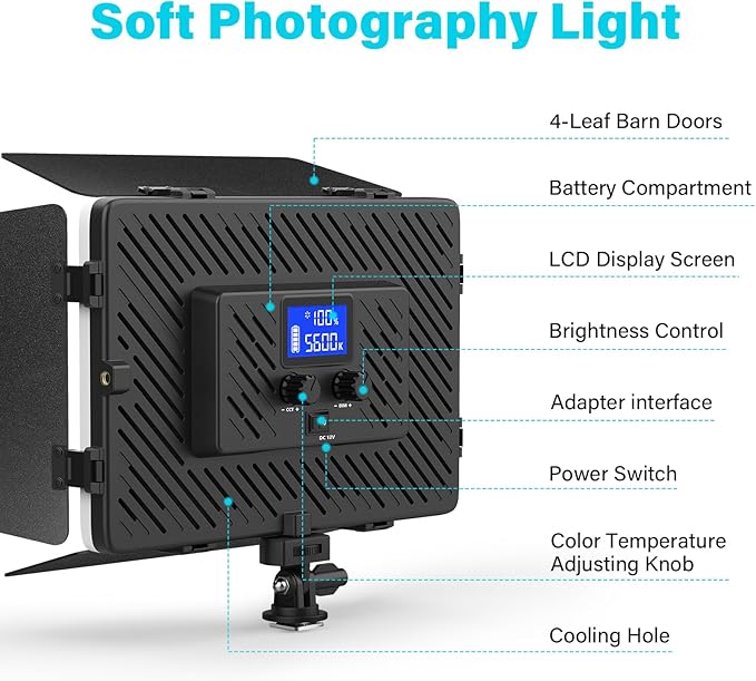 Led Video Light Panel Light with Barn Doors, 4000mAh Rechargeable Camera Lighting, 2500K-8500K Photo Light for Outdoor Indoor Photography Live Streaming Zoom Calls Video Recording