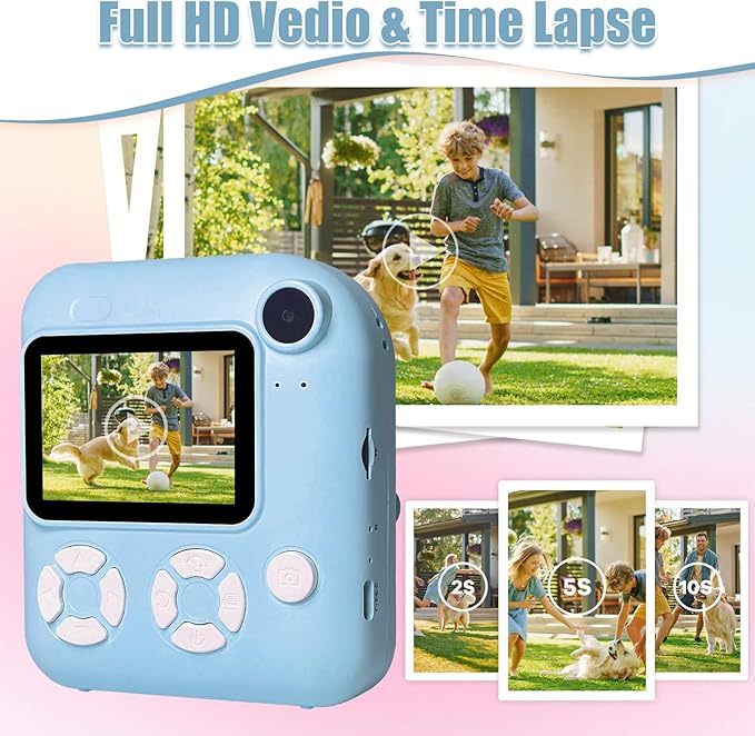 Instant Print Camera for Kids, Christmas Birthday Gifts for Kids Ages 3-12, 16X Zoom,1080P Vedio Selfie Digital Camera,Toddler Portable Toy for Girls and Boys with 32GB TF Card (Blue)