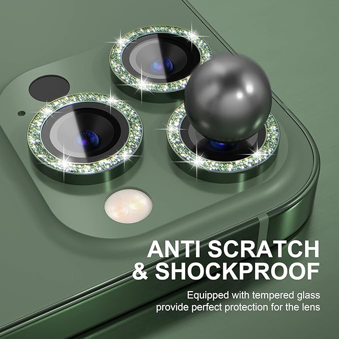 Choiche Compatible for iPhone 13 Pro/iPhone 13 Pro Max Camera Lens Protector Bling, 9H Tempered Glass Camera Cover Screen Protector Metal Ring Decoration Accessories (Glitter-Alpine Green)