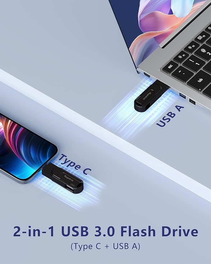 256GB USB Flash Drive, 3.0 - USB C & USB A 2-in-1 Memory Stick, Jump Drive with Keychain, Storage Photos Thumb Drives for iPhone 17/16/15, Android Phones, Laptops, Mac, iPad, Desktops, Tablet