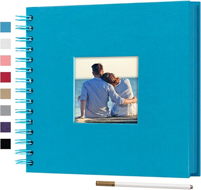 8 x 8 Inch Small DIY Scrapbook Photo Album with Window Design Cover 80 Pages Craft Paper Memory Book for Weeding Family Travel and Baby (Blue)