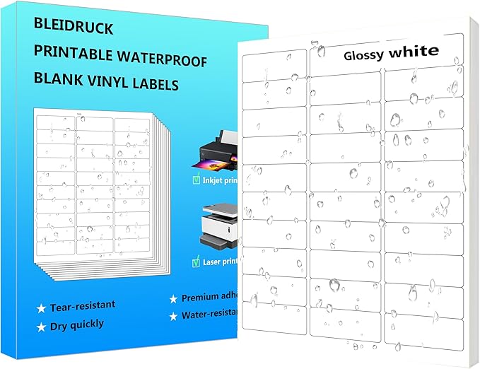 Bleidruck 1" x 2-5/8" Waterproof Shipping Labels, 30 up Printable Glossy White Mailing Address Labels, 20 Sheets 600 Labels Stickers Vinyl Sticker Paper Dries Quickly for Inkjet Printer