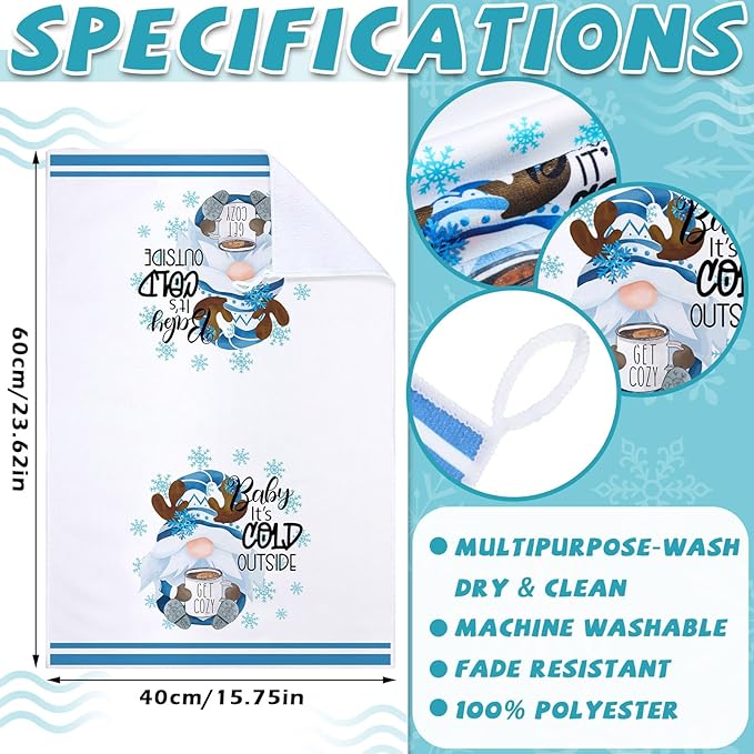 Preboun 6 Pcs Hello Winter Kitchen Towels Snowman Gnome Dish Blue Snowflake Tea Christmas Hand Drying Towels Baking Cooking Cloth for Home Kitchen Bathroom Decor