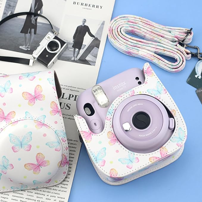 Frankmate Protective Case Fit for Fujifilm Instax Mini 12 11 9 8 Camera, PU Leather Camera Bag with Pocket and Adjustable Shoulder Strap (Pink Butterfly)