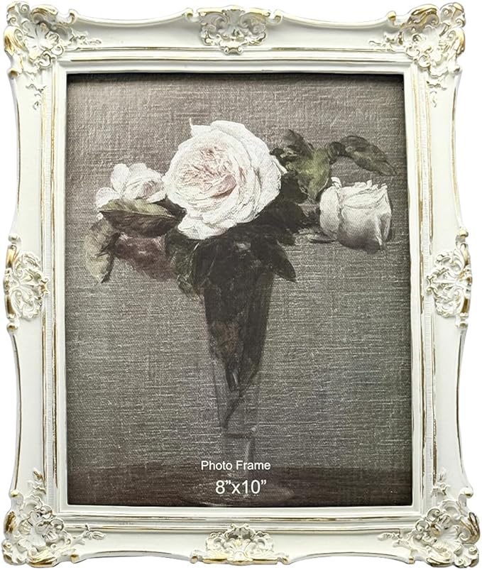 CISOO 8x10 Vintage Picture Frame, Antique Ornate White with Gold Photo Frame, for Table Top and Wall Display, Decorative Floral Design Retro Home Decor, Photo Gallery Art