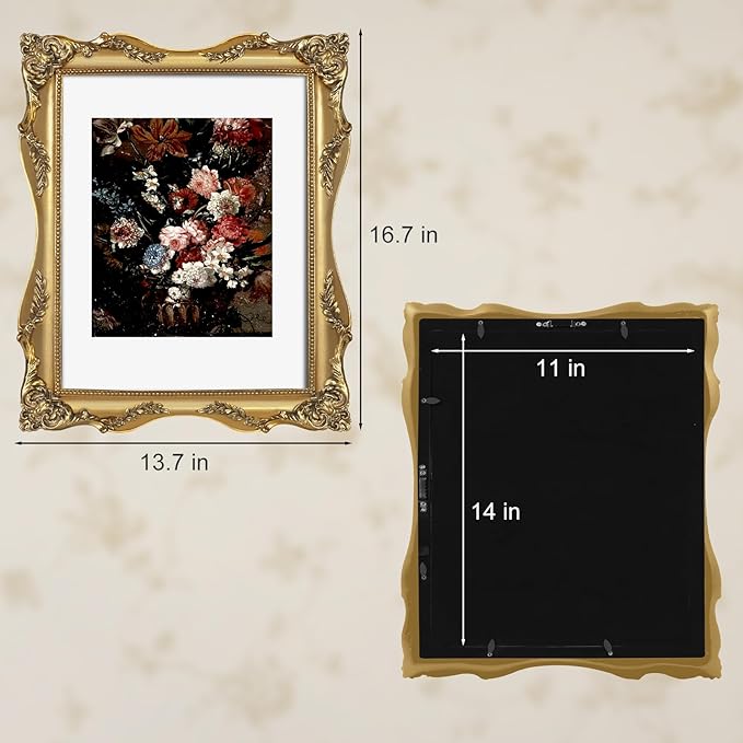 Vintage Gold 11x14 Picture Frame with Mat for 8x10 or 11x14 Photos, Real Glass, Ornate Baroque Gothic Victorian Frames for Wall Display