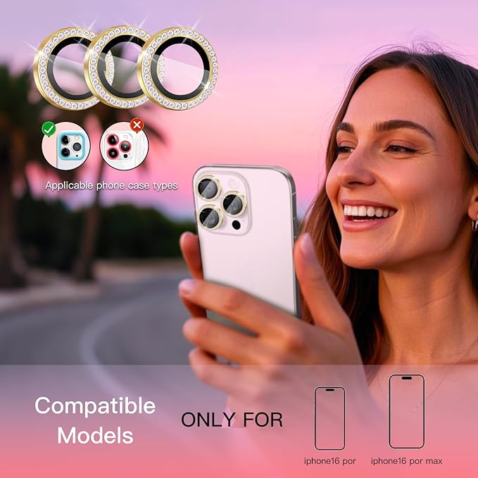 Bling Camera Lens Protector for iPhone 16 Pro/16 Pro Max,9H Tempered Glass HD Clear,Diamond Golden Aluminum Alloy Ring,Scratch Resistant(Diamond Golden)