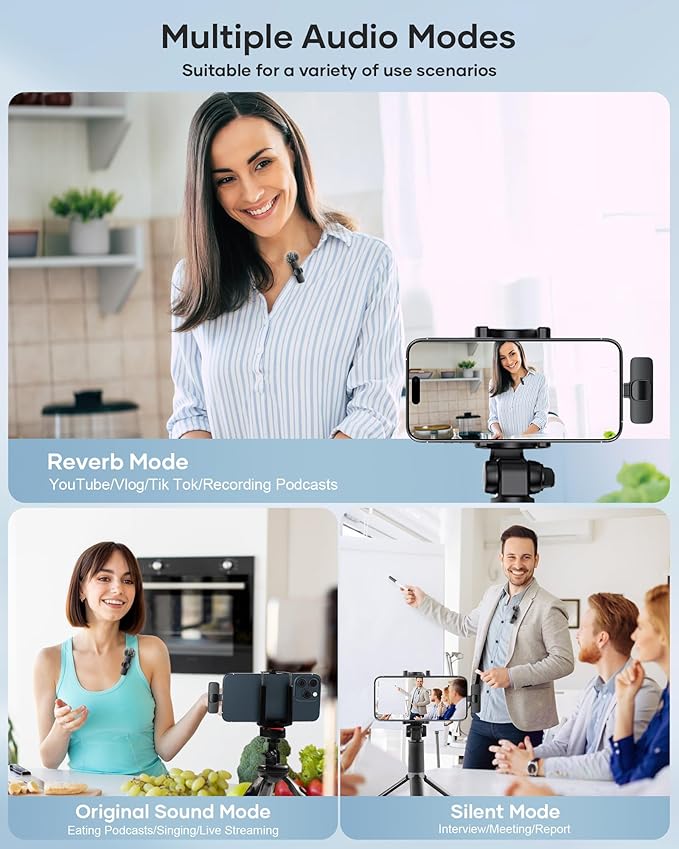 Wireless Lavalier Microphone for iPhone iPad and Android Phone, 2 Pack Lapel Mic Plug and Play Wireless Mic Noise Reduction Microphone for Video Recording Interview Podcast (Black)